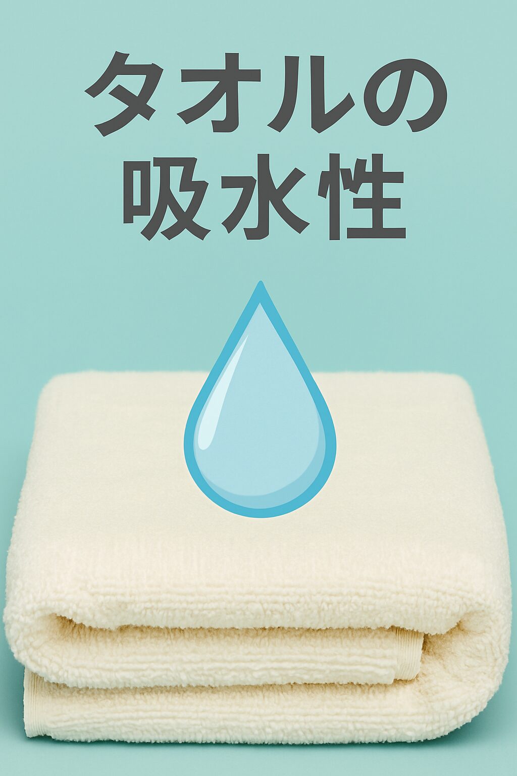 吸水性を説明するためのタオルと水滴のイラスト画像。縫い目のある側が吸水面であることを示すビジュアル。