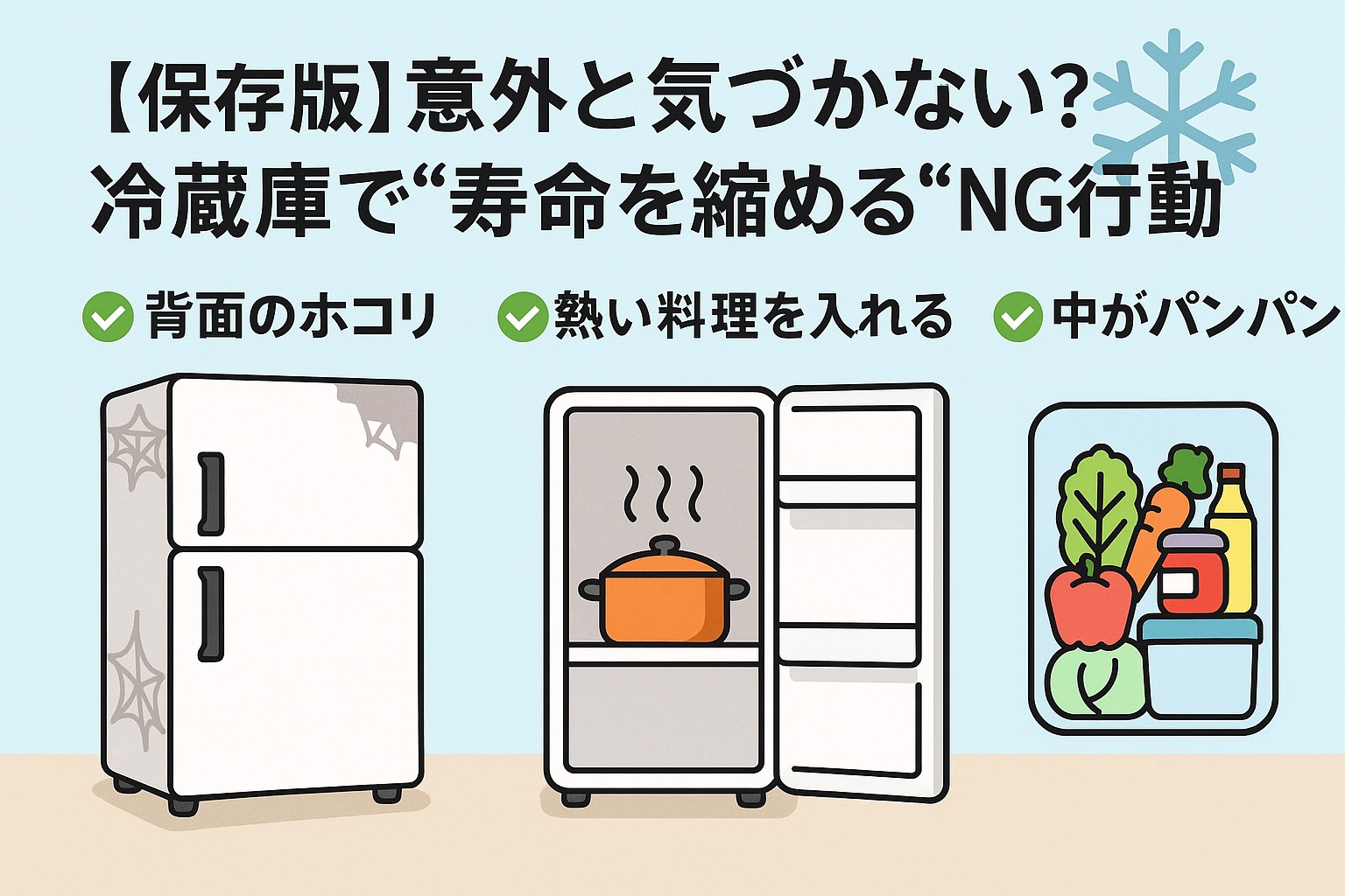 「【保存版】意外と気づかない？冷蔵庫で“寿命を縮める”NG行動3選」の内容を示すインフォグラフィック。冷蔵庫の背面にホコリ、熱いまま料理を入れる、中がパンパンに詰めこむ、の3点をイラスト付きで説明。