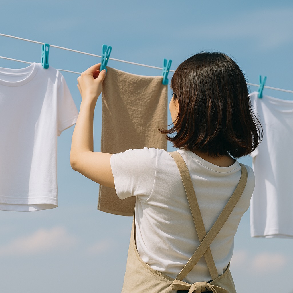 室内で洗濯物を干す40代女性の後ろ姿。自然光が差し込む窓辺で、丁寧にタオルを干している様子。